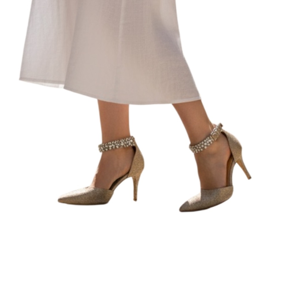 Jewel Badgley Mischka Gold Heels with Rhinestone Detail